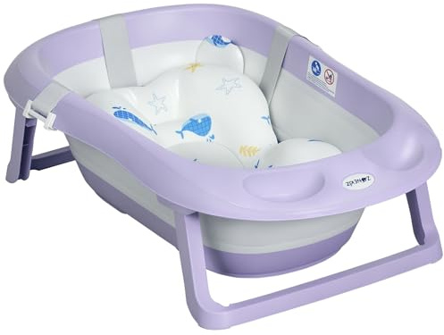 ZONEKIZ Bañera Plegable Bebé con Cojín Bañera Bebé 0-6 Años con Almohadillas Antideslizantes Orificio de Drenaje y Agujero de Ducha 83x48x23,5 cm Púrpura