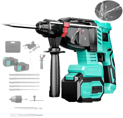Trapano A Percussione A Batteria,Martello Elettrico Da 1200W,Martello Per Calcestruzzo Per Impieghi Gravosi Con Frizione Di Sicurezza,5 Trapani Elettrici,2 Scalpelli, 3 In 1,5.0AH