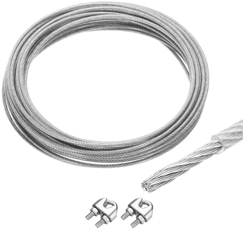QUARKZMAN Drahtseil Edelstahl 10M x 6 mm Stahlseil PVC ummantelt mit 2 Seilklemmen Sicherungsdraht Aufhängedraht Drahtkabel Wäscheleine für Bilderrahmen Outdoor Zaun Gardinen, Transparent