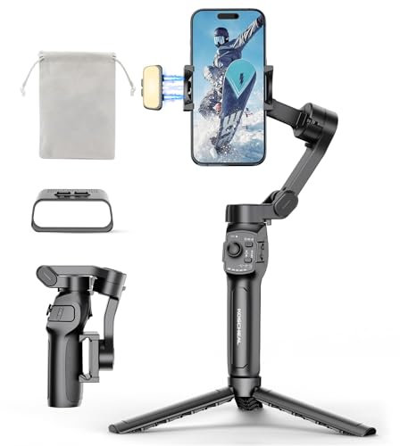 KOSCHEAL Upgraded Gimbal Stabilizer for Smartphone, 3-Axis Gimbal for iPhone&Android with Auto Object Tracking for Video Recording, Magnetic Fill Light, Portable and Foldable, 360° Infinite Rotation