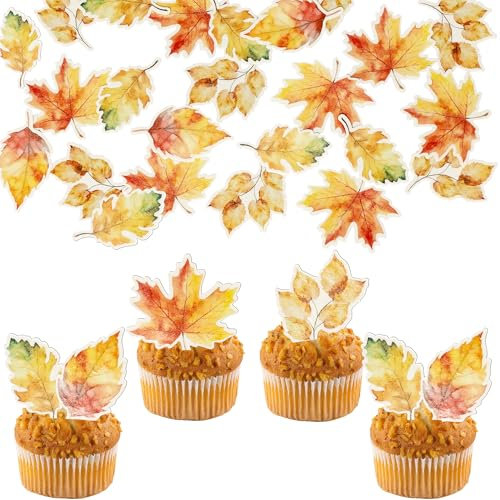 Ephlyn 60Pcs Edible Fall Leaves Cupcake Toppers Maple Leaves Cake Toppers Edible Leaf Cupcake Toppers Wafer Paper Fall Leaf Cupcake Decorations for Autumn Thanksgiving Party Baby Shower Supplies