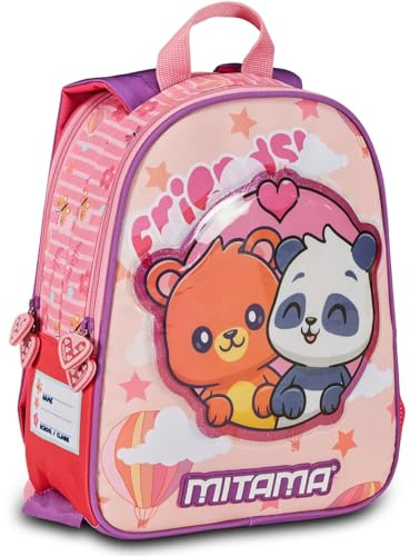 Mitama Zaino Spinny Asilo, Double Face con Doppia Grafica, Con Tasca Laterale Porta Borraccia, Rosa, Bambine, Scuola e Tempo Libero