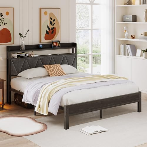 HAHRIR Bettgestell 140 x 200 cm mit Gepolstertem Holz-Metall-Bettgestell, Modernes mit Zwei Ebenen Stauraum, Einfach zu Montieren - ideal für Schlaf- und Gästezimmer