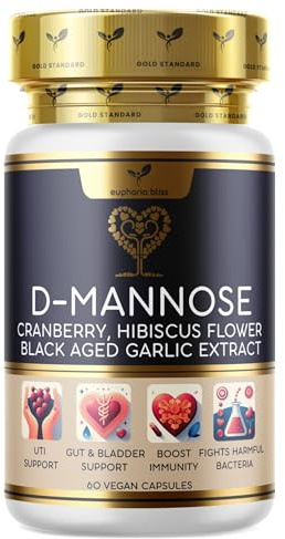D-Mannose with Cranberry Capsules - 1000mg D-Mannose & Cranberry, Hibiscus - High Strength Natural Dmannose 60 Tablets Supplement for Women & Men - UK Made & Vegan
