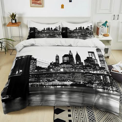 Parure de lit Adulte 2 Personnes 90x190 cm New York City Pont De Brooklyn Noir Sets de Housse de Couette Polycoton Ensemble Literie Linge de Lit avec Fermeture éclair et 2 Taies d'oreiller