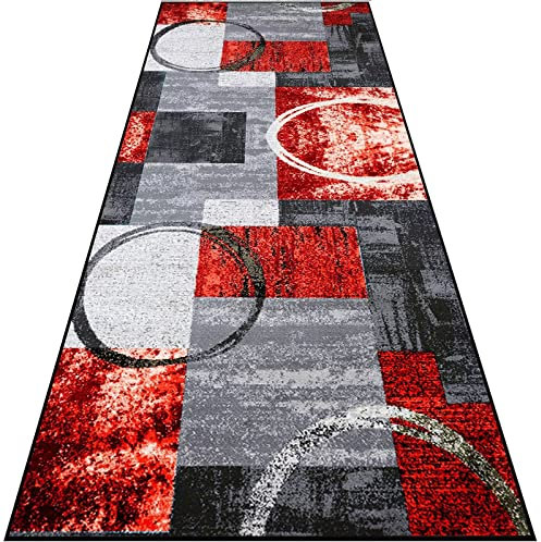 Geometrisches Muster Küchenteppich Läufer Waschbar nach Maß Schwarz Grau Rot 40x240cm Ideal für Balkon Wohnzimmer Outdoor Schlafzimmer