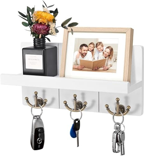 Jemyxhw Schlüsselbrett mit Ablage, Schlüsselhalter Holz mit 3 Doppel Schlüsselhaken,Wandregal Weiß, Deko Regal, für Eingang, Mudroom, Flur, Schlafzimmer, Wohnzimmer