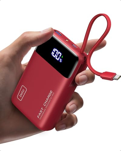 INIU 45W Power Bank, Ultrakompakt 20000mAh Powerbank med Inbyggd USB-C-kabel, Snabbladdande Externt Batteri, Godkänd för Flygplan, ett Måste på Resan för iPhone 17 16 15 Samsung S26 Xiaomi iPad, Röd