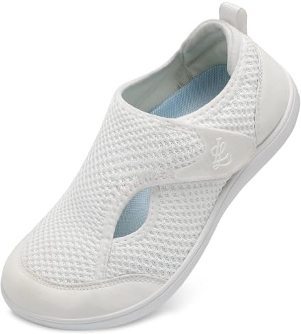 JOINFREE Barfota-promenadskor för kvinnor med bred passform – Zero Drop Comfort Trainers med justerbar rem, andningsbara, halkfria vardagsskor för svullna eller känsliga fötter, Vitt, 40 EU Bred