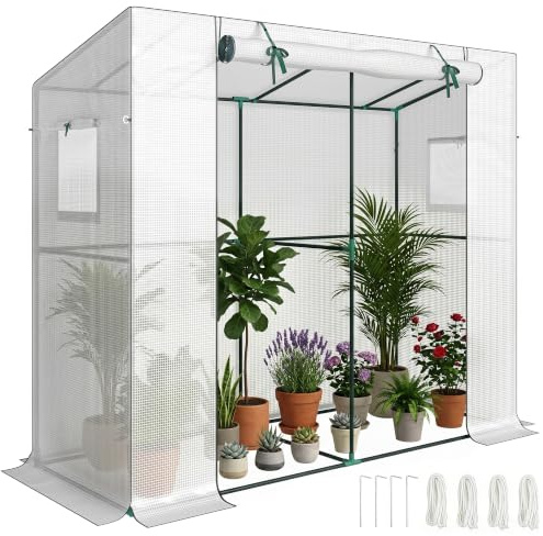 Outsunny Gewächshaus mit Rolltür 2 Fenster, Winterfest Foliengewächshaus aus Stahl, Treibhaus für Balkon, Garten, Tomatenhaus mit UV Schutz 200x76x170cm Tomatengewächshaus für Gemüse Blumen, Weiß
