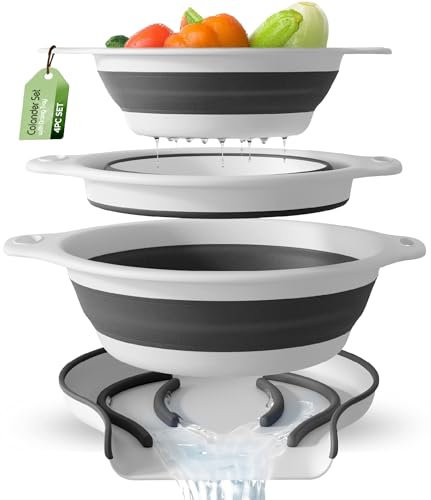 Gevoli Coladores plegables (juego de 3) coladores de alimentos con base de drenaje de agua sobre fregadero para frutas y verduras de pasta, color blanco (3 tamaños, 3 cuartos de galón, 4 cuartos y 5