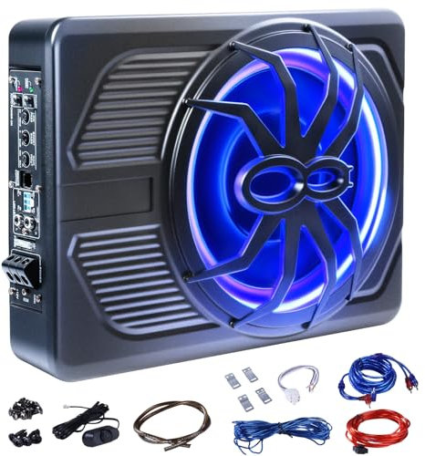 Andeman 30cm (10) Under Seat Car Subwoofer with 1000W Stereo Surround Sound & Blue LED Ambient Light, Slim Bass Built-in High to Low, for Car/Truck Audio Sub Built in Amplifier, High/Low Level Input