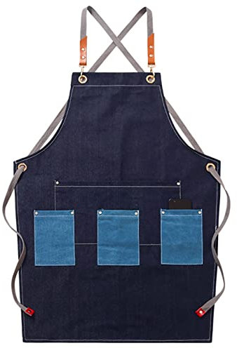 GSHUPIOU Holzschürze, Werkzeugschürze, Schürzen for Männer, Arbeitsschürze aus Segeltuch, Werkstatt-Werkzeugschürze mit verstellbaren Trägern for Friseur, Küche, Gärtner, Café(Blu)