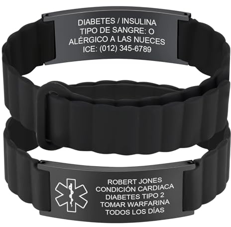 Pulseras Alerta Médica Personalizadas-Pulsera Doble Cara Grabada Personalizado Identificación,Correa Magnética Silicona,Pulseras Emergencias para Hombres, Mujeres, Adultos Mayores, Niños,Negro / negro