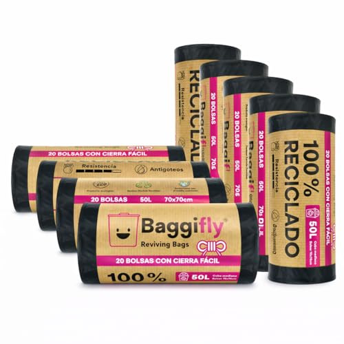 Baggifly, Bolsas de Basura 50L, 160 Bolsas Súper Resistentes, 100% Recicladas, Cierra Fácil, ECO Friendly, Hogar, Oficinas y Hostelería, Pack 8 x 20, Fabricado en España