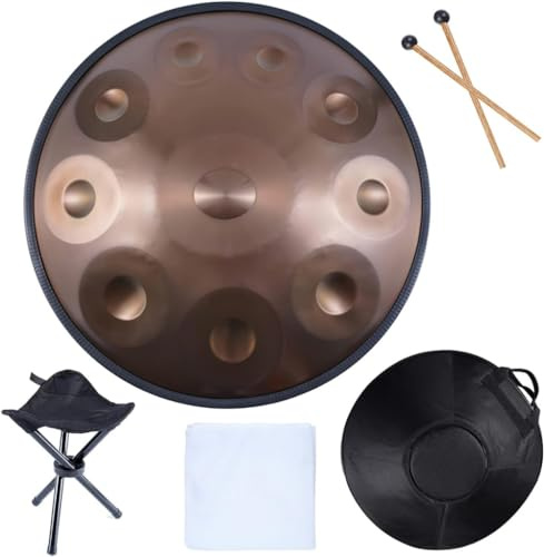 SQSXCKIQ Handpan-Schlagzeug-Sets, D-Dur 22 Zoll 9-Noten-Stahlhandtrommel mit weicher Tasche, 2 Handpan-Hämmern, Handpan-Ständer, Staubtuch-Braun || 10 Töne