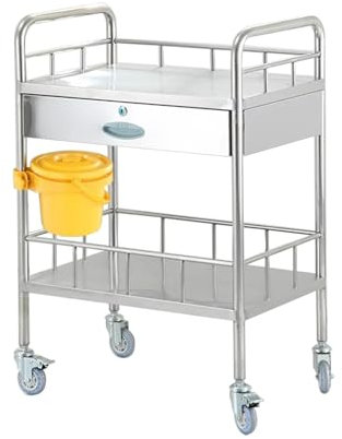 Servierwagen mit Rollen mit 2 Ablagen, Transportwagen aus Edelstahl, Reinigungswagen aus Metall, for Kliniken, Labore(60cm/24in)