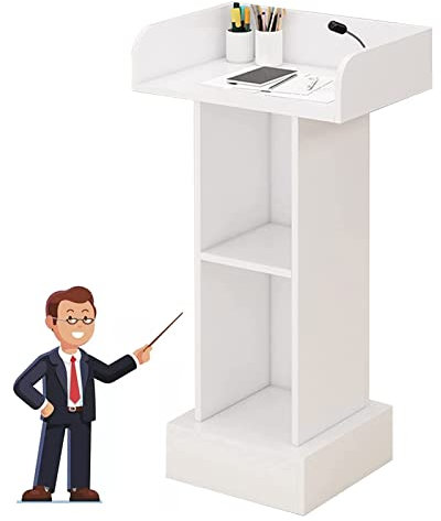 Weißer Rednerpult-Podiumständer für Präsentationen – Kanzel in handelsüblicher Qualität mit 2 Ablagefächern, ideal für Schulklassenzimmer und Konferenzräume