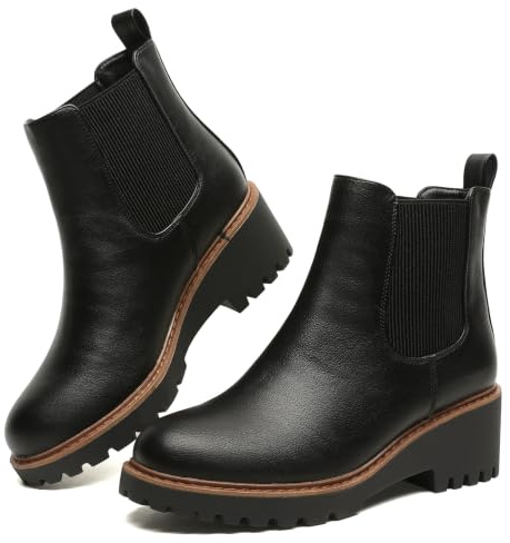 Maxome Women's Wedge Chelsea Booties Elastic Round Toe Platform Lug Sole Ankle Boots Black