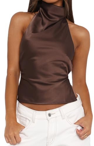 Qtinghua Women Y2k Halter Neck Satin Top Sleeveless Mock Neck Open Back Tank Tops Trendy Backless Going Out Cami Blouse Streetwear (Dark Brown, S)
