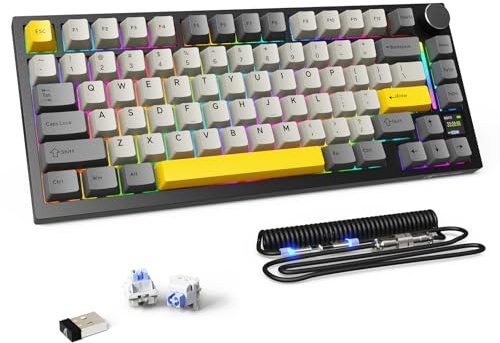 MAMBASNAKE Attack Shark X820 Ultra Mekaniskt Gaming Tangentbord med Kabel/BT/2.4G Trådlöst, QWERTY TKL 75% Gasket Hot-Swap, TFT-skärm & Knob, LIGHTSYNC RGB Backlit, Spiralkabel - Shark Switch/Grå