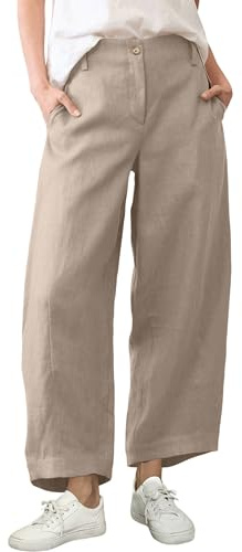 Athlisan Womens Linen Barrel Pants Casual Baggy Wide Leg Palazzo Trousers Summer Beach Capri Pants(Khaki-M)