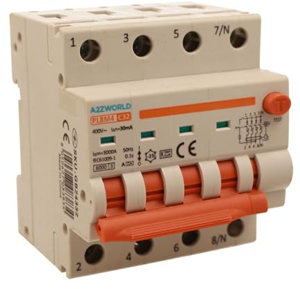 Interruttore Differenziale Magnetotermico Trifase 380V Tipo A 32A C32, 4P Reale (NO 3P+N), Curva C 6kA 30mA, Doppio Leva con Diagnostica Visiva, 4 Moduli DIN, Serie PL8M4