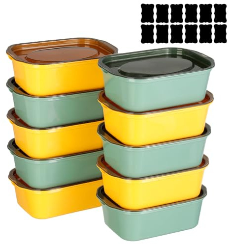 Cozary 10pcs Boîte de Conservation Rectangulaire, 1100ml Boîtes Congélation avec Couvercles, Empilables, Micro-Ondes et Lave-Vaisselle, Boîtes Hermétiques pour Congélation (5 Jaunes + 5 Vertes)