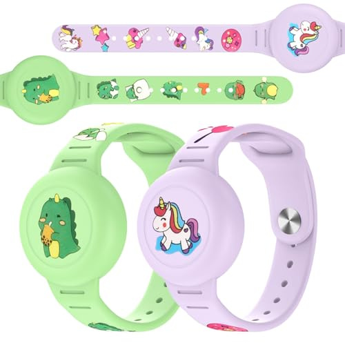 Vanet Lot de 2 bracelets étanches AirTag en silicone avec support caché, couverture complète, motif dessin animé, traqueur GPS léger, bandes de sécurité pour enfants, pas de traqueur
