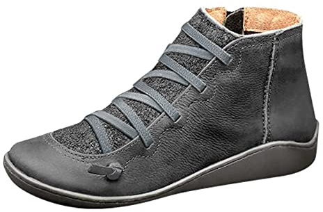 2026 Botines Mujer Mujer Casual Plano Retro Encaje Botas con Cremallera Lateral Punta Redonda, gris, 35 EU