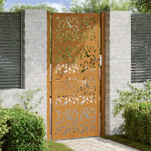 Portail de Jardin, 105x205 cm en Acier Résistant aux Intempéries, Design Découpé Laser, Portillon de Jardin Verrouillable, pour Clôture Jardin et Terrasse, Couleur Rouille