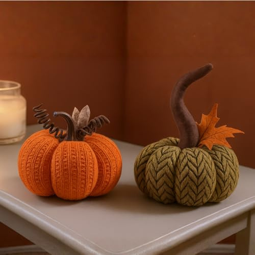 Marco Paul Set of 2 Knitted Decorative Pumpkins 13cm Orange & Green Plush