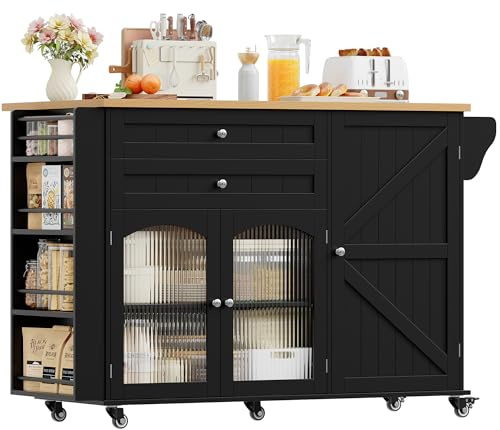 FirFurd köksö med vikbar bänkskiva köksskåp med hjul köksvagn med 2 lådor och 3 dörrar bufféskåp för kök vardagsrum köksbuffé med hylla 132 x 97,5 x 60 cm svart