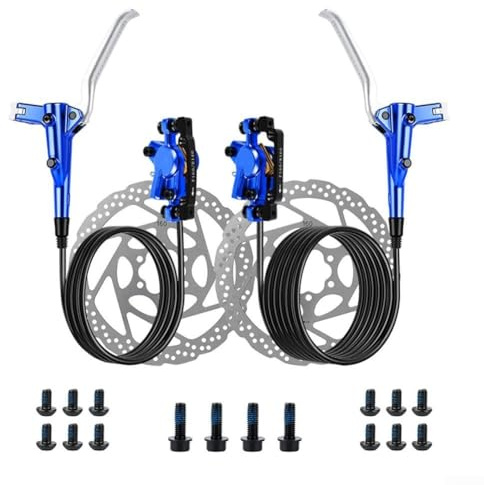 Honseadek Kit de frein à disque hydraulique à 2 pistons pour VTT, tuyau avant 800 mm et arrière 1400 mm, compatible avec cadre de VTT, alliage d'aluminium Cali(bleu)