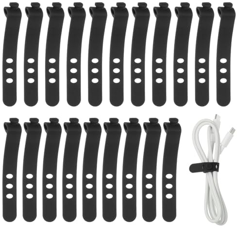 sourcing map 20 bridas de silicona para cables, 3 agujeros, reutilizables, de goma, ajustables, con hebilla de bloqueo, correa de cable multiusos para cables de viaje en casa, oficina, color negro