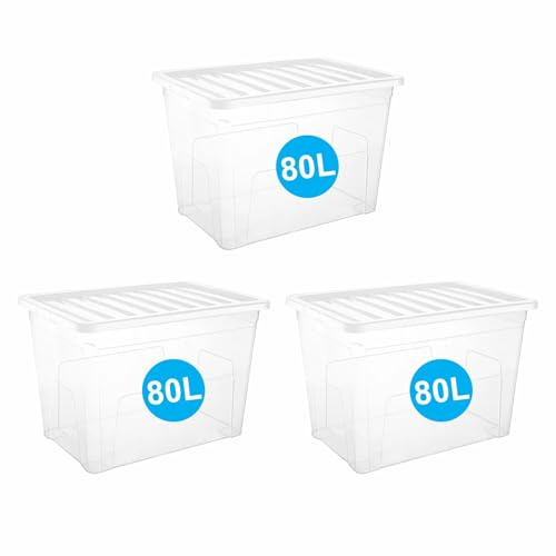 RelianceUK 3 X 80L Large Plastic Storage Boxes with Lids | 80 Litres / 3 Pack Multipurpose Strong Stackable Storage Box With Clear Lids, Home Office Kitchen Garage Clothes Big Clear Containers