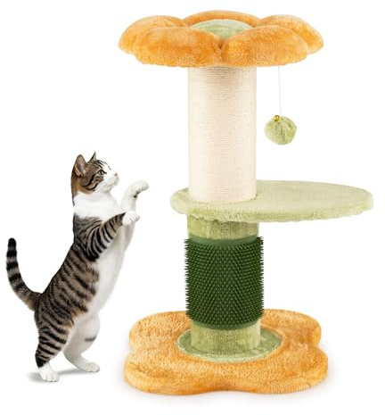 SOARS Kratzbaum, 69 cm hoch, 13 cm Dicker Stamm, Katzenbaum mit Kratzsäule, Selbstpflegegerät, Hängebäll und gepolsterter Plattform, Katzenkratzbaum stabil, Kletterbaum für Katzen, Katzenmöbel (Gelb)