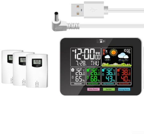 MeevrgR Stazione meteo con 3 sensori remoti, termometro igrometro wireless per interni ed esterni, previsioni, sveglia, monitoraggio della pressione barometrica per casa e giardino