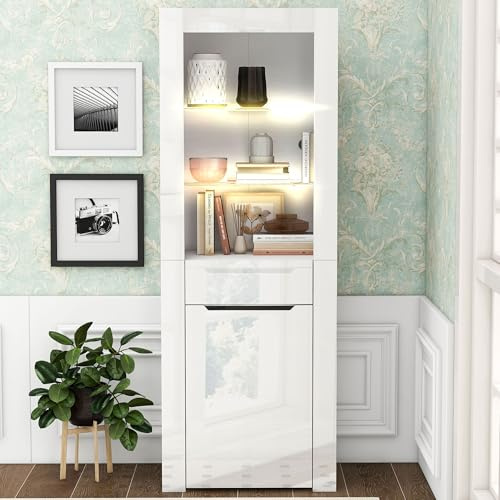 Ball & Cast Standvitrine mit Beleuchtung - Mit Offenen Fachböden & Schubladen, Vitrine für Küche, Schlafzimmer & Wohnzimmer, Weiß