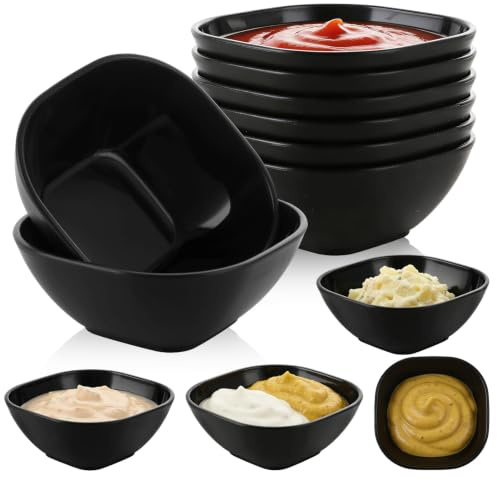 Aramanara 12 Pcs 5 oz Plastic Dipping Bowls, Small Sauce Dishes | Black Square Ramekin, Mini Serving Prep Bowl, 150 ml Reusable Condiment Bowls for Party Side Dish Ketchup Home Restaurant BBQ
