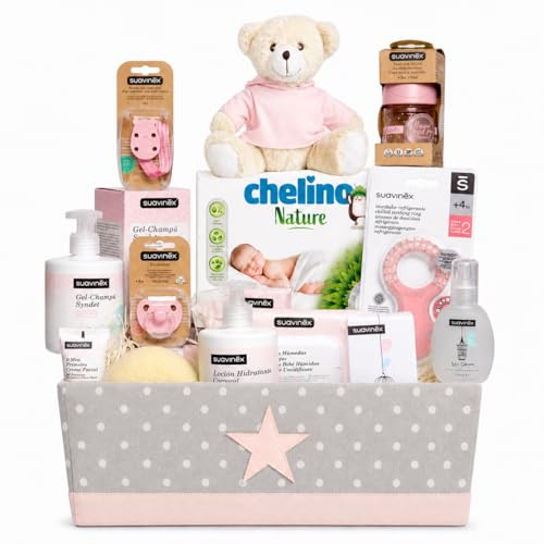 Mirifarma Canastilla Bebé Recién Nacido Suavinex Fantasy | Cesta Bebé Regalo con Productos para Recién Nacido | Incluye Peluche, Biberón, Chupete, Mordedor, Gel Champú, Loción, Crema y Pañales (Rosa)