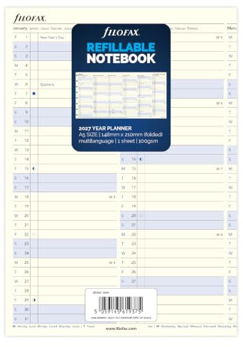 Filofax A5 Calendar Insert Notebook Year Planner 2027