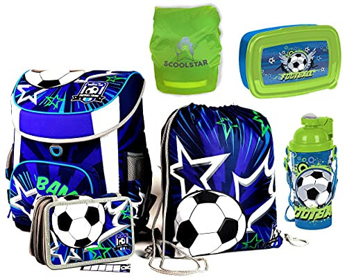 SCOOLSTAR Fußball Schulranzen Jungen 1 Klasse Tornister | MIT FIDLOCK | Set 6 TLG. | inkl. Federmäppchen, Turnbeutel, Lunch Set, Regenschutz