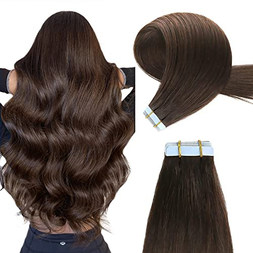 YILITE Tape Extensions Echthaar Dunkel Braun 35cm HaarverläNgerung Echthaar | Remy Echthaar Extensions Tape, Invisible Tape Extensions Echthaar, natürlich glattes Haar,Länge und Volumen hinzufügen,#2 40g