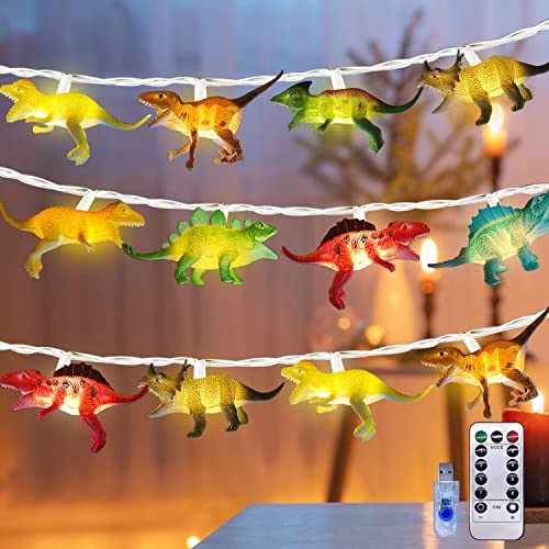 NLNEY 20er LED Dino Lichterkette kinderzimmer, 3M Dinosaurier Figuren Deko Lampe Kindergeburtstag Kinder Spaß Nachtlicht Vorhang USB - Innen Außen Jungen Mädchen Baby Zimmer Party Dekoration