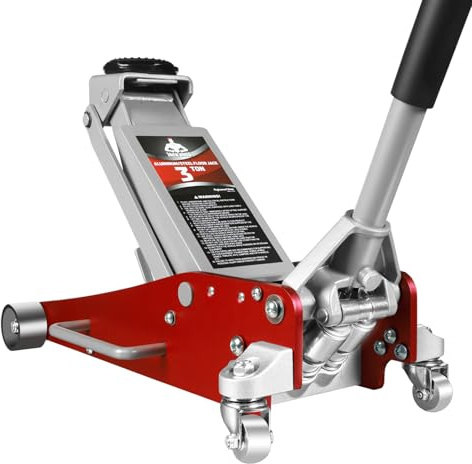 Jack Boss 3 Ton Low Profile, Aluminum and Steel Racing Floor Jack with Dual Pistons Quick Lift Pump for Sport Utility Vehicle, Lifting Range 3-15/16 min to 18-5/16 max, Net Weight 58.5 lb, Red
