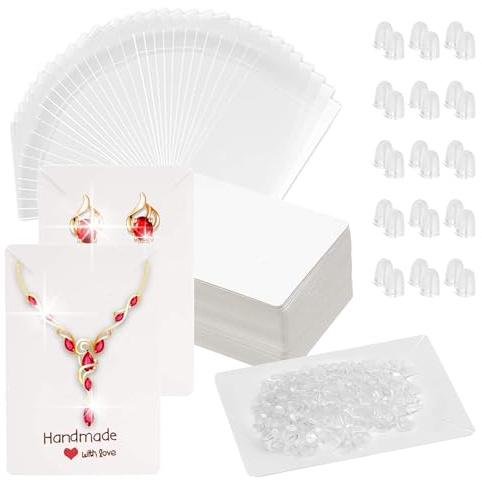 Devenirriche 200 PCS Earring Display Card Set, 100 Rubber Earring Stopper Backs 50 Self Adhesive Sealing Storage Bags 50 Jewellery Display Cards for DIY Jewelry Supplies Making