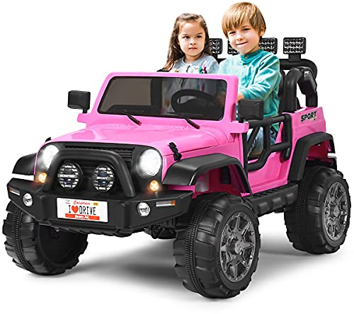 COSTWAY 12 V Coche Eléctrico Montable, Vehículo Eléctrico de Batería con 2 Asientos con Mando 2,4 G, Suspensión de Muelles, 3 Velocidades, Luces LED, Furgoneta Montable para Niños +3 Años (Rosa)