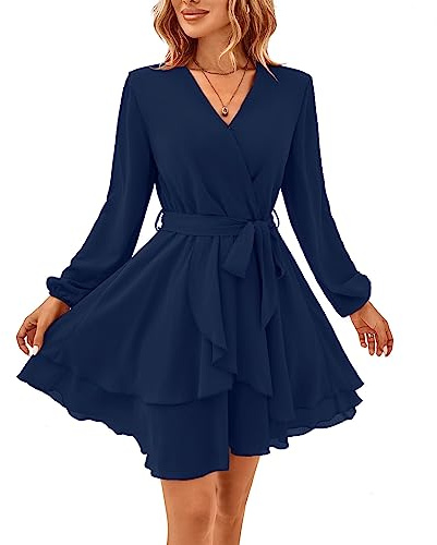 TcIFE Robe pour Femme Elégante Décontractée de col en V Manche Longue Mini Robes Patineuse avec Ceinture et Volants