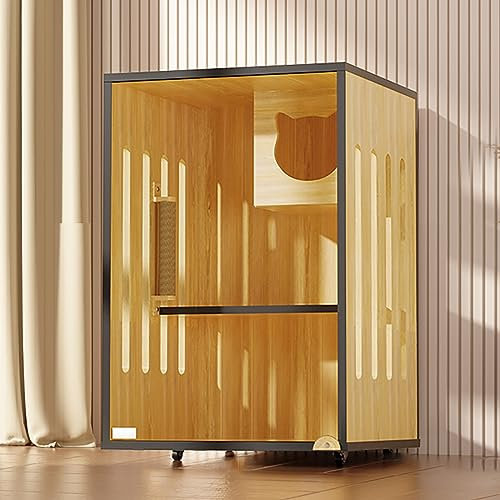 Großes Katzenkäfighaus, Katzenhaus aus Holz für draußen/innen, mit Katzenkratzbaum, Katzenleiter, Katzenstreu, mit Rollen, geeignet für Innenbalkon (Größe: 60 x 60 x 90 cm/24 x 24 x 35 Zoll)